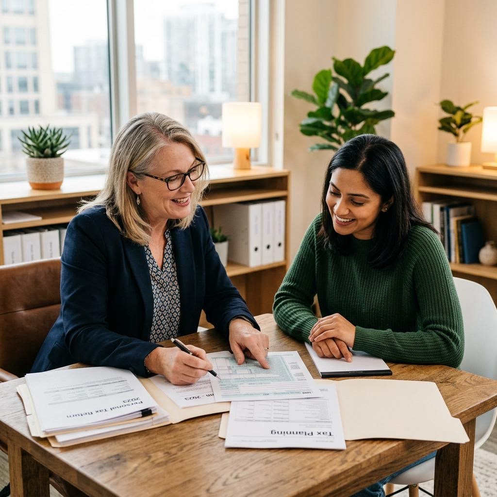 Illustrative scene of an individual reviewing financial documents with an advisor