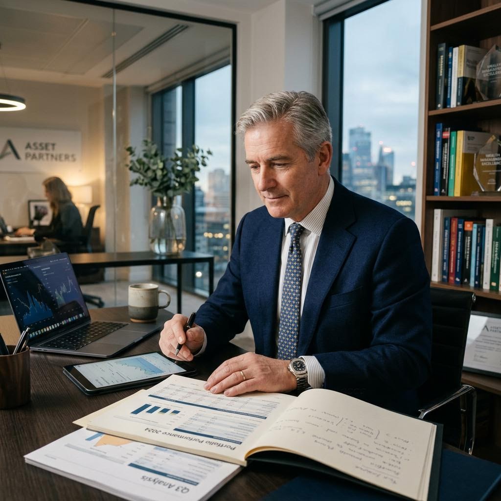 Experienced financial advisor looking thoughtfully at records