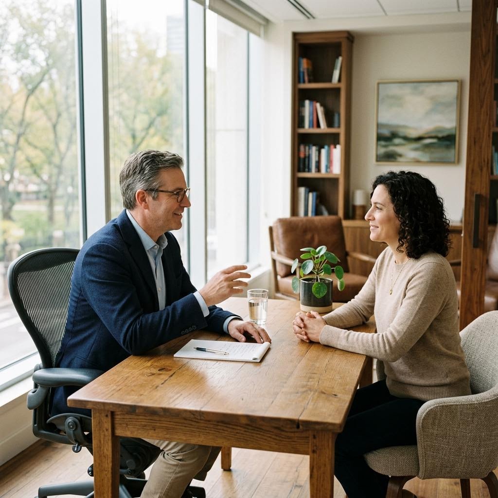 Calm advisor-client conversation in a professional office