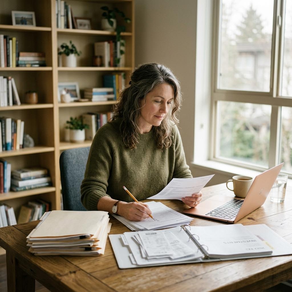 Individual organizing financial paperwork in a quiet environment