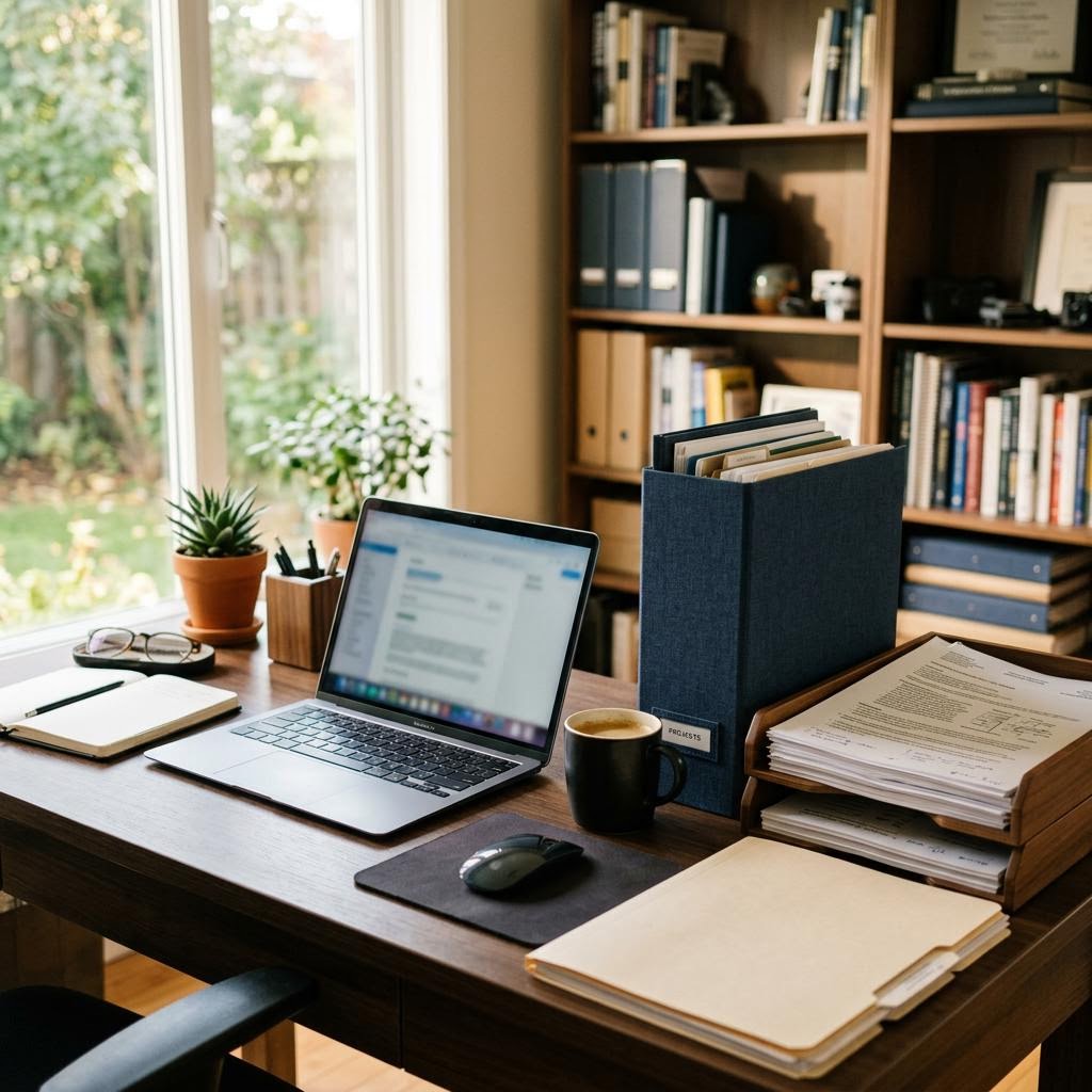 Organized desk with paperwork and folders