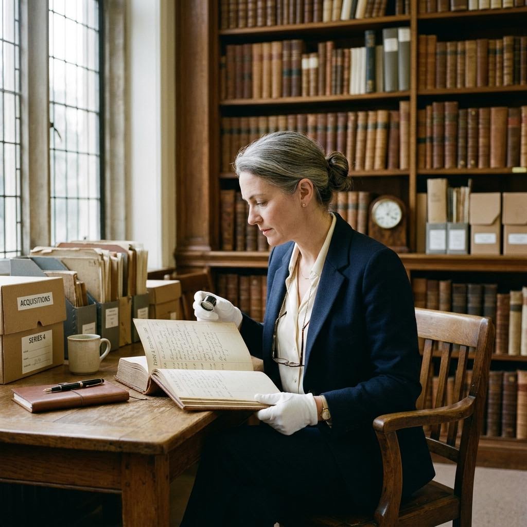 Individual reviewing old records calmly