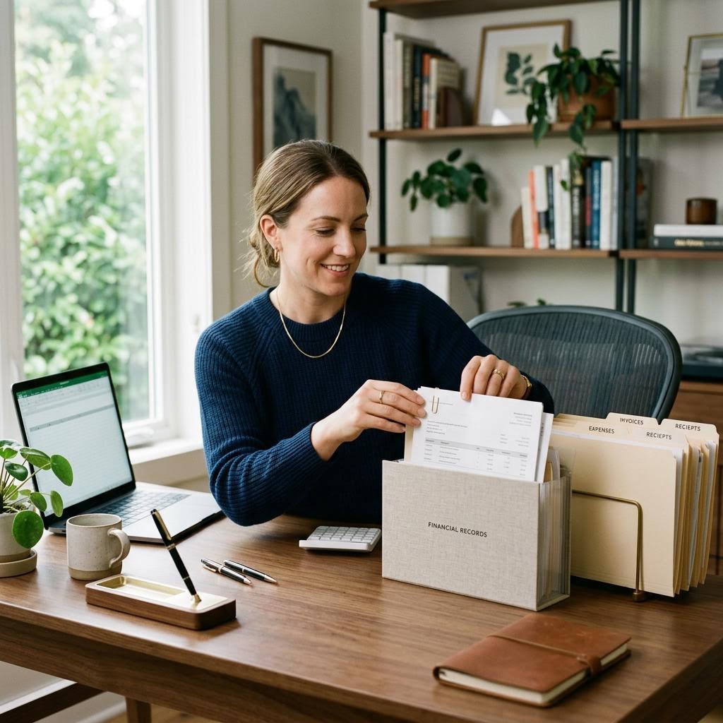 Independent professional organizing invoices and business records at a clean desk