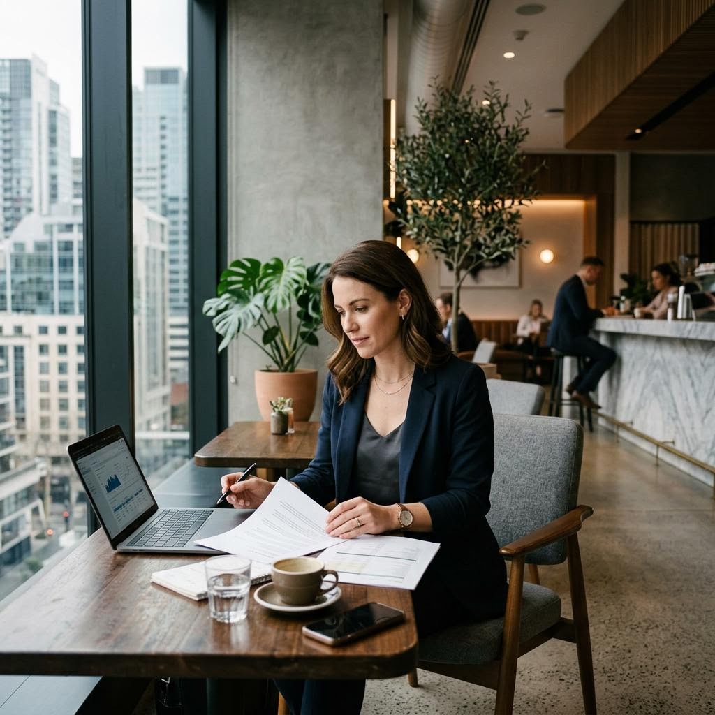 Technology consultant reviewing documents in a modern office