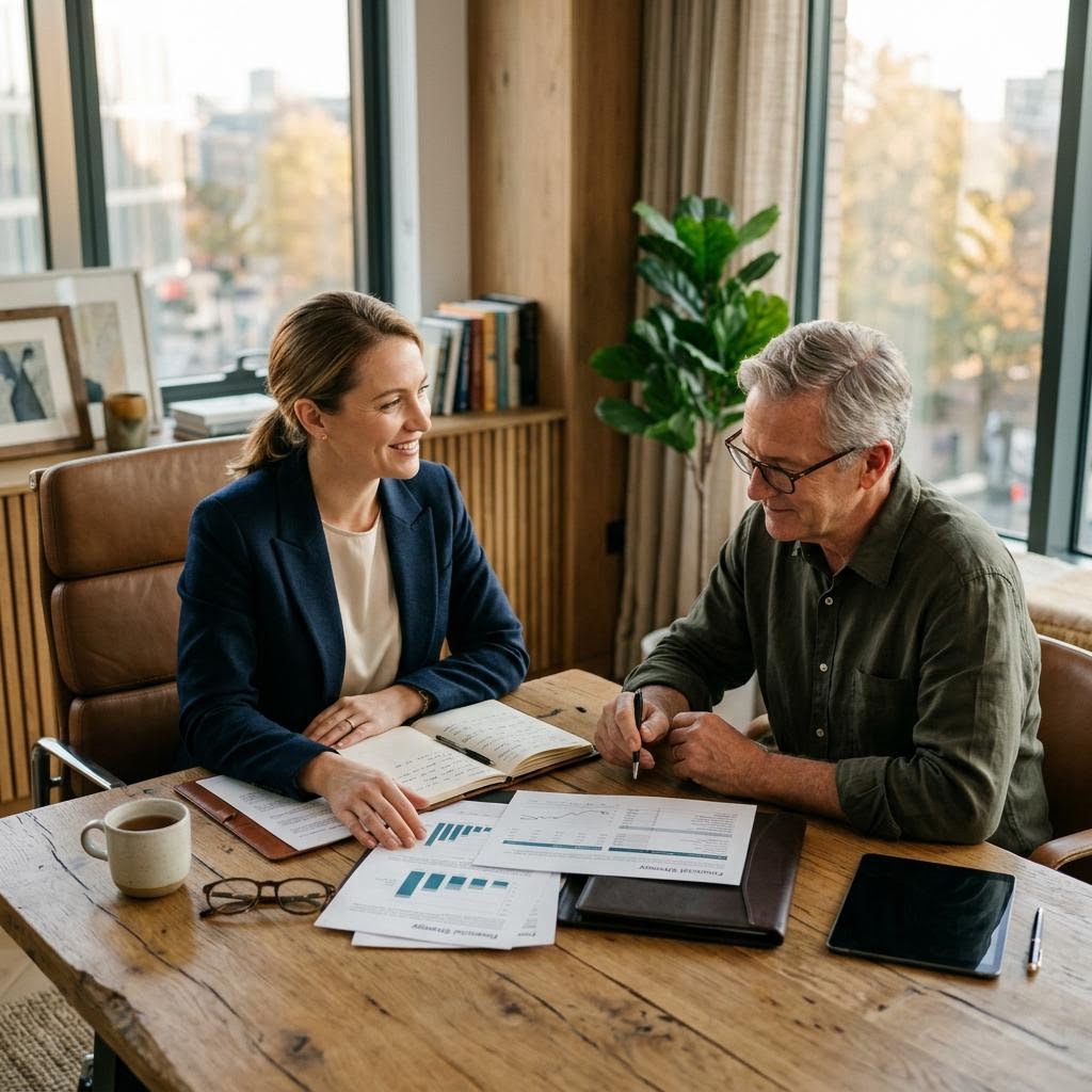Professional advisor and self-employed client having a conversation over documents