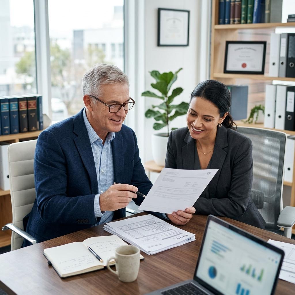 Tax advisor calmly reviewing official correspondence with a client.