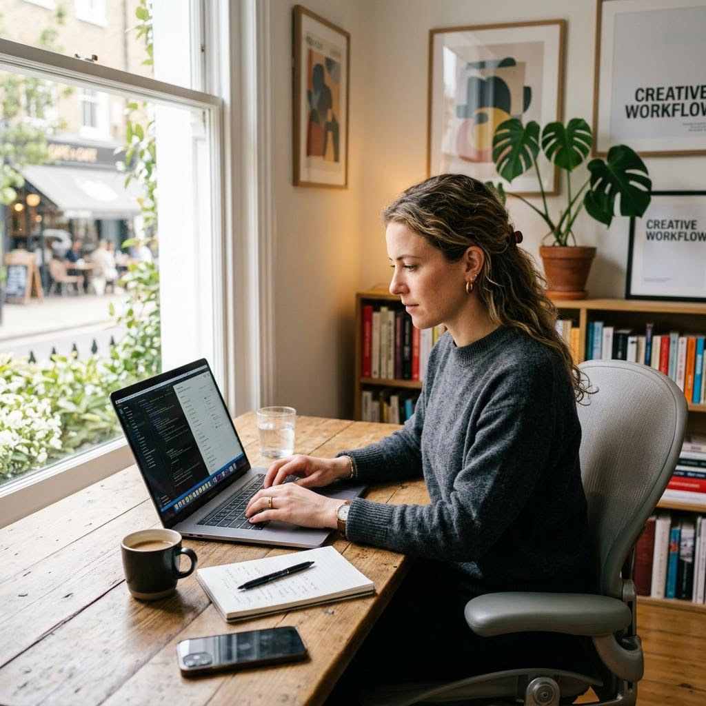 Illustrative self-employed professional on laptop