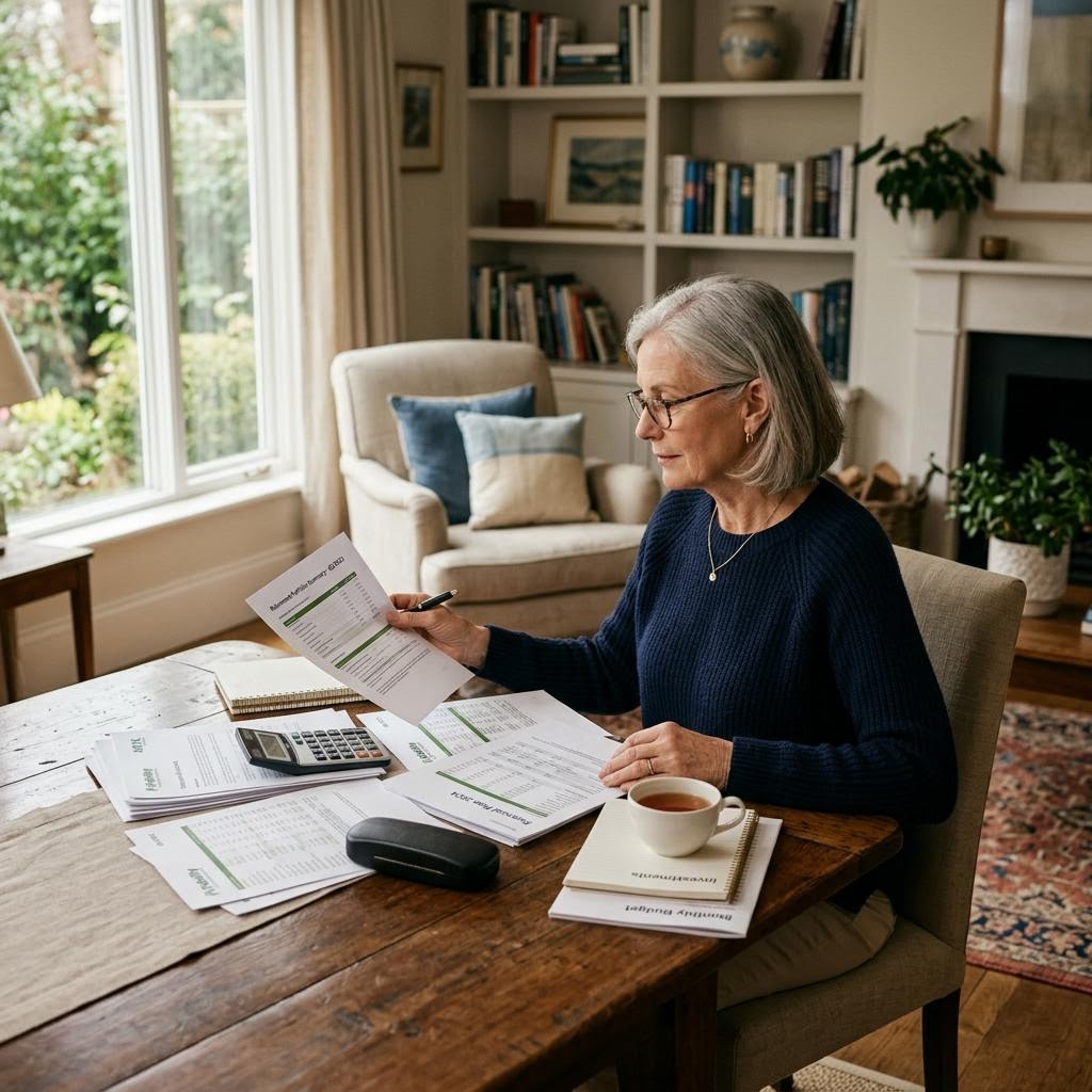 Illustrative retiree reviewing documents