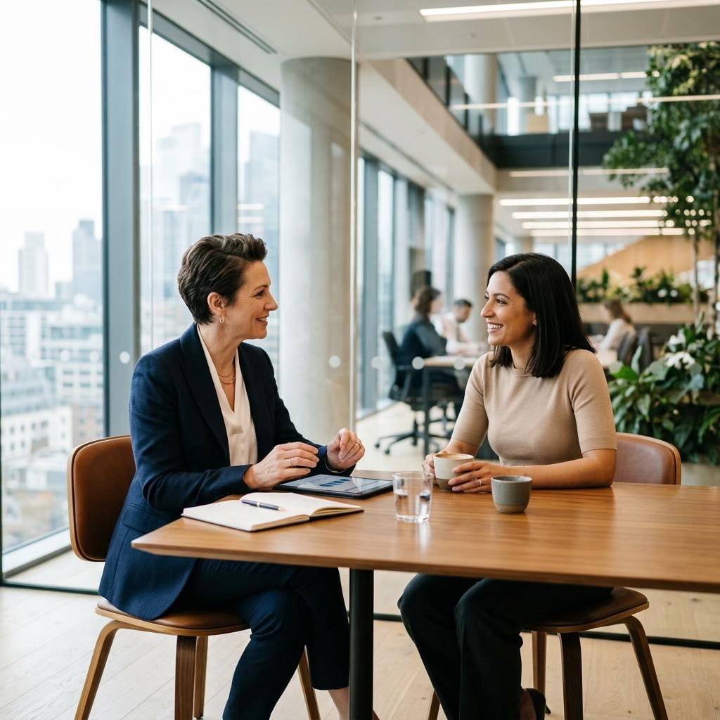 Professionals meeting around a table in an office.