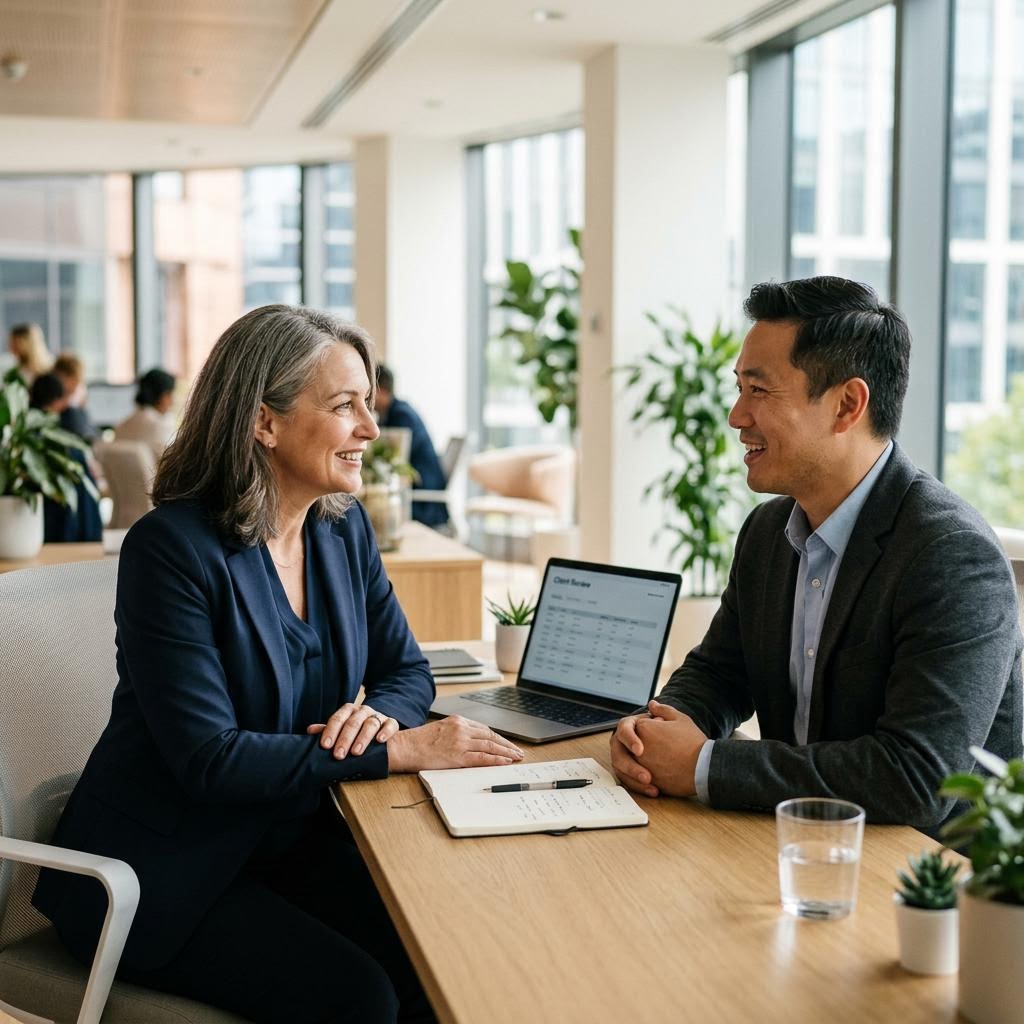 Two professionals discussing financial information in an office